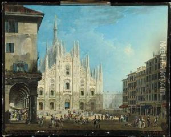 Veduta Di Piazza Del Duomo A Milano Oil Painting - Giovanni Migliara