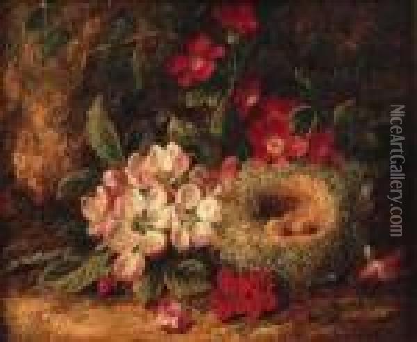 A Still Life Of Bird's Nest And Wild Flowers On A Mossy Bank Oil Painting - George Clare