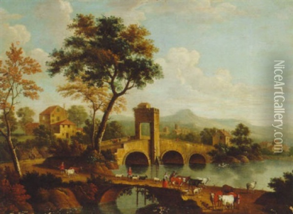 An Italianate Landscape With Herdsmen Crossing A River, A Bridge Beyond Oil Painting - Giovanni Battista Cimaroli