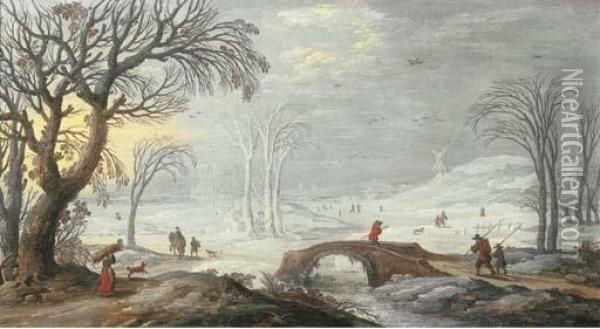 A Winter Landscape With Travellers And Peasants By A Bridge Oil Painting - Joos De Momper