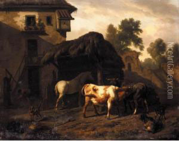 A Farmyard Scene, With Cattle, A Horse And Goats, A Boy Drawing Water From A Well Beyond Oil Painting - Dirk van Bergen