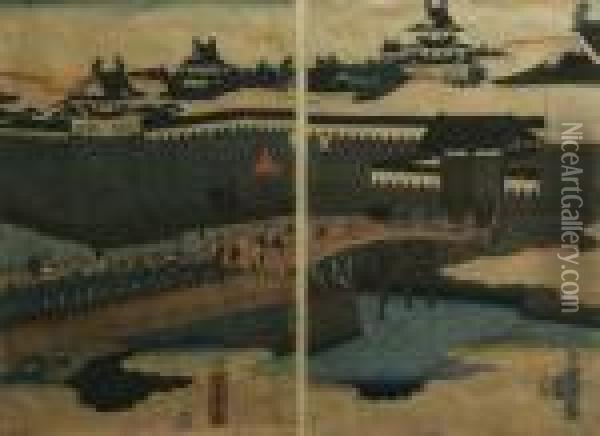 Procession Over A Castlebridge Oil Painting - Utagawa Yoshitora