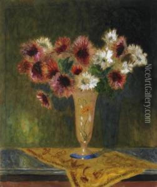 Floral Still Life With Dahlias In An Art Nouveau Vase, Decorated On A Table Oil Painting - Ferdinand Schirren