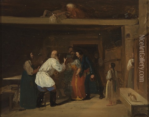 Scene From A Peasant Cabin Oil Painting - Adrian Markovich Volkov