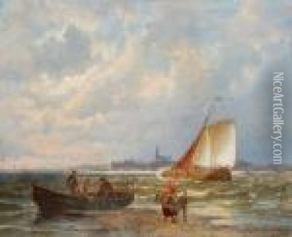Figuren En Vissersboten Aan De Waterkant Oil Painting - Pieter Cornelis Dommershuijzen
