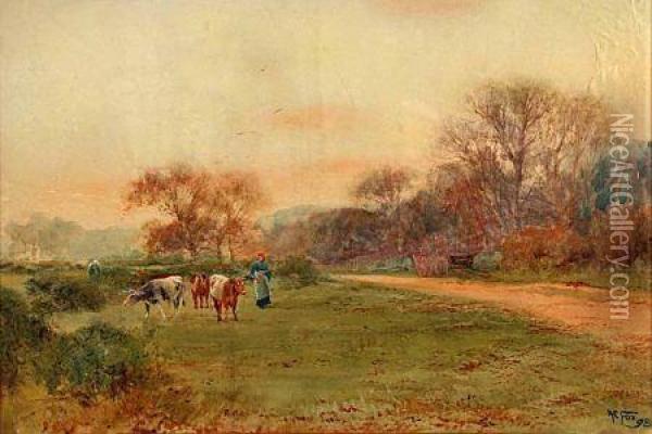 A Lady With Cattle In Country Landscape Oil Painting - Henry Charles Fox
