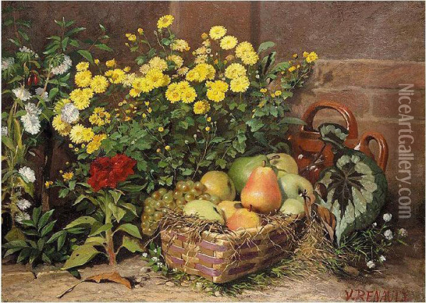 Still Life With Flowers And Fruit Oil Painting - Victor Jacques Renault Des Graviers