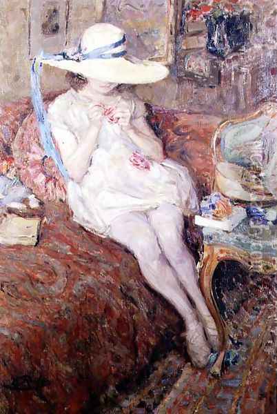 Young Girl in a Straw Hat, 1921 Oil Painting - Ernest Rocher