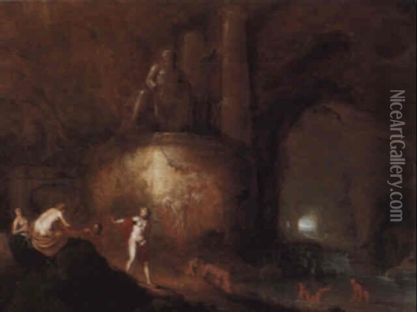 Nymphs Bathing In A Cave, Beneath A Classical Style Statue Of Neptune Oil Painting - Abraham van Cuylenborch