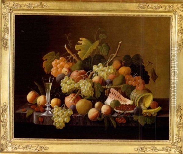 Still Life Of Fruit And A Champagne Flute On A Marble Slab Oil Painting - Severin Roesen