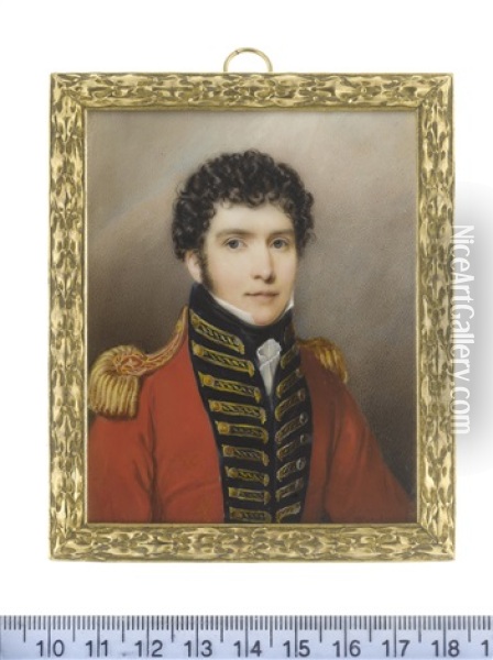 A Lord Lieutenant, Wearing Red Coat With Dark Blue Facings And Standing Collar, Gold Epaulettes, White Frilled Chemise And Black Stock Oil Painting - John Cox Dillman Engleheart