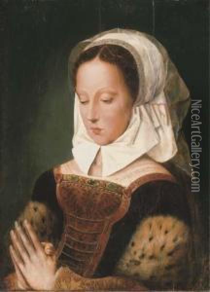 A Sibyl, Half-length, In A 
Fur-trimmed Black And Gold Embroidereddress And White Headdress Oil Painting - Ambrosius Benson