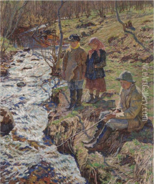Fishing For Trout Oil Painting - Nikolai Petrovich Bogdanov-Belsky