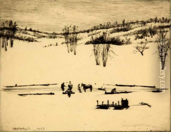 Ice Cutting, Shank Painter Pond Oil Painting - William Henry Warren Bicknell