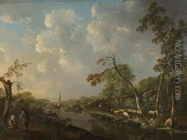 River Landscape With Shepherd And Flock On The Bank Oil Painting - Andries Vermeulen