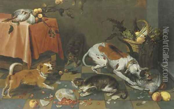 Dogs and cats fighting in a kitchen interior Oil Painting - Frans Snyders