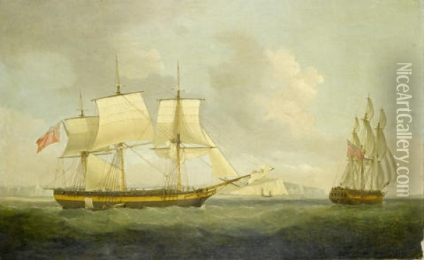 A Three-masted Merchantman In Two Positions In The Downs, The First View Depicting Her Hove-to And Taking On The Pilot, The Second Showing Her Bearing Away Up The Channel Under Full Sail Oil Painting - Francis Holman