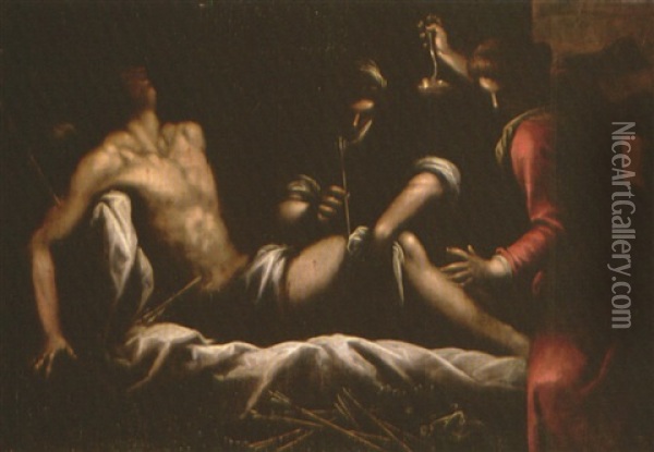 San Sebastiano Curato Dalle Pie Donne Oil Painting - Jacopo Palma il Giovane