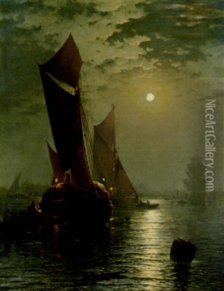 Moonlight On The Thames With A View Of St. Paul's In The Distance Oil Painting - Edward Moran