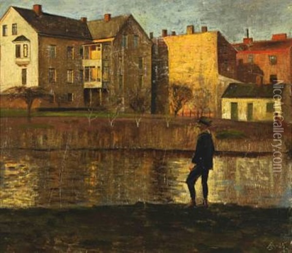Sunny Autumn Day With Houses And A Man At A Lake Oil Painting - Axel Soeborg