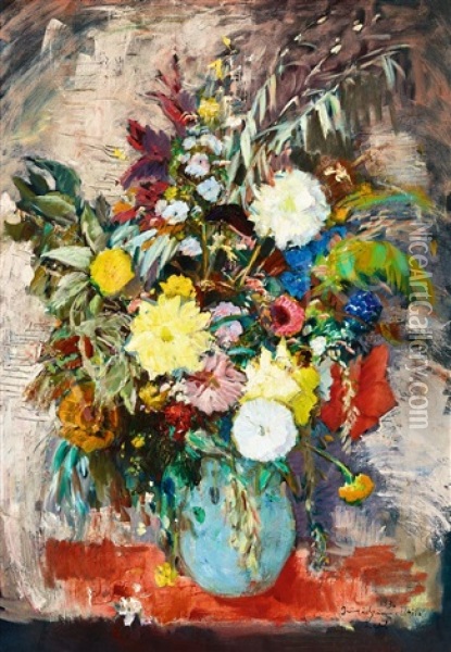 Summer Bouquet In A Blue Vase Oil Painting - Bela Ivanyi Gruenwald