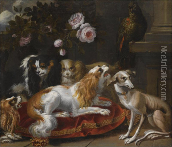 A Group Of King Charles Spaniels, A Whippet And A Parrot Oil Painting - Renaud Levieux
