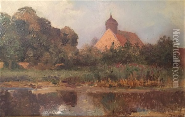 Une Chapelle Pres D'un Etang Oil Painting - Jean-Charles Cazin