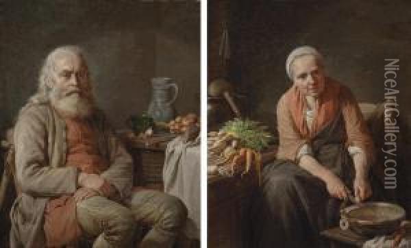A Bearded Man Seated At A Kitchen Table; And A Woman Slicing Carrots Oil Painting - Francois-Bernard Lepicie