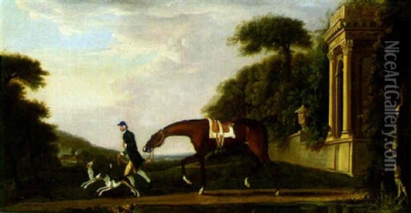 A Chesnut Hunter Being Led By Groom With Two Hounds Oil Painting - Richard Roper