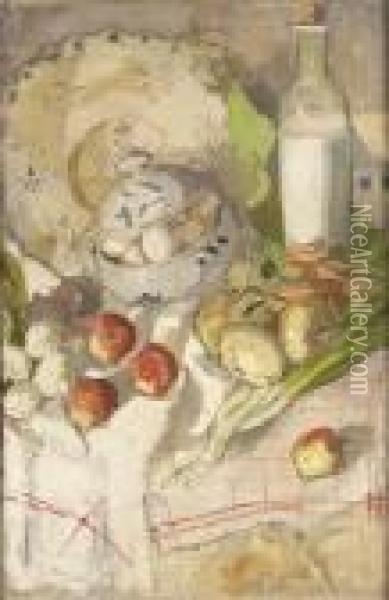 Still-life With Fruit, Vegetable, Bowl Of Eggs And Bottle Of Milk Oil Painting - Alexandra Alexandrov Exter