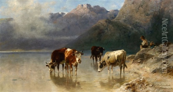 A Cowherd On The Banks Of Achen Lake Oil Painting - Christian Friedrich Mali