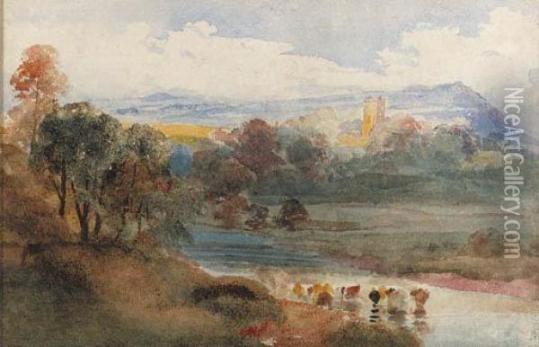 Great Mitton, Lancashire, From The Ribble, With Longridge Fellbeyond Oil Painting - Peter de Wint