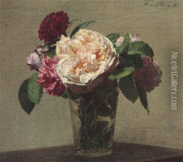Roses The Et Roses Rouges Dans Un Verre Oil Painting - Henri Fantin-Latour
