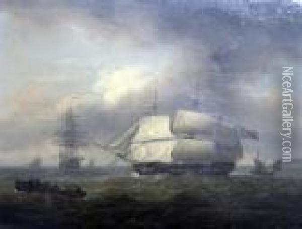 Frigate At Sea & Fishermen In An Estuary Oil Painting - Thomas Luny