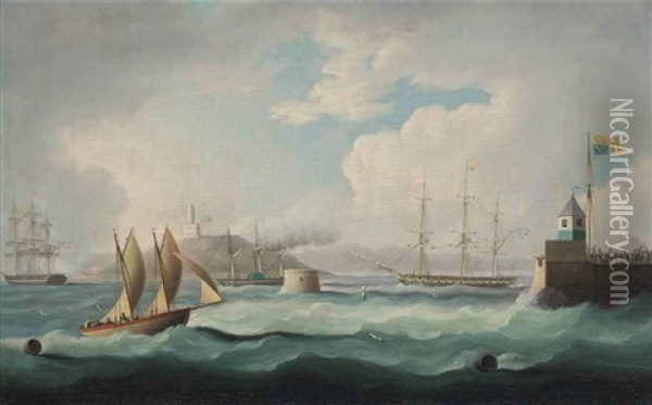 The Arrival Of H.m. King George Iv In The Firth Of Forth, On 14th August 1822, Aboard H.m.y. Royal George, Accompanied By The Royal Flotilla... Oil Painting - Thomas Buttersworth