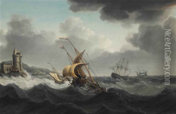 Fishermen Putting In A Reef In A Gale, Off A Fortified Headland Oil Painting - Charles Martin Powell