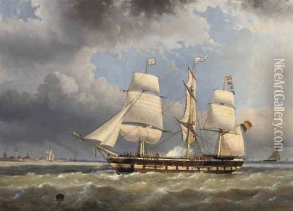 The Three-master Macassar Sailing Off The Belgian Coast Oil Painting - Egidius Linnig