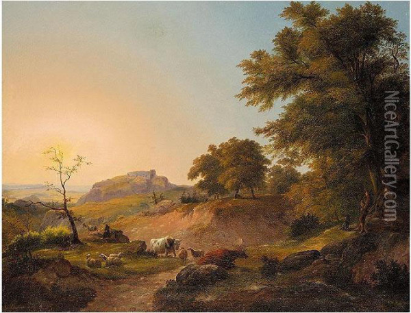 An Italianate Landscape With Herdsman And Cattle Oil Painting - Christian Grabau