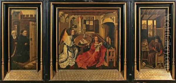 The Merode Altarpiece: The Annunciation With St. Joseph And Donors (triptych) Oil Painting - Robert Campin