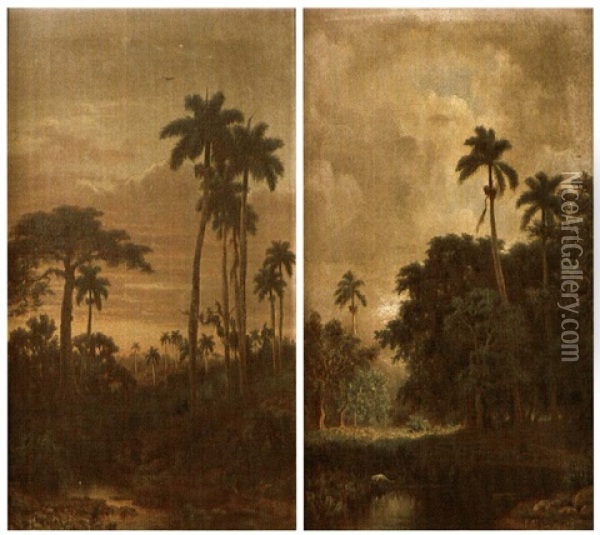 Coucher De Soleil Dans Un Vallon/puesta De Sol En Una Canada, Caoba (+ Paysage Cubain; Pair) Oil Painting - Esteban Chartrand