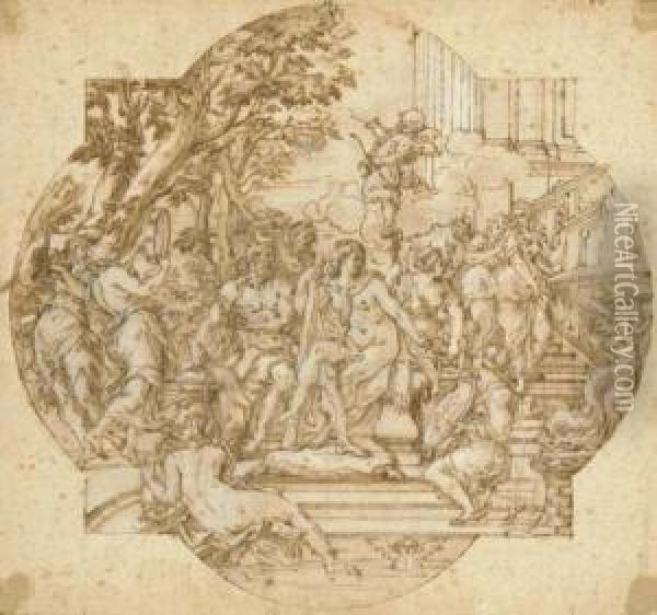 Hercules And Omphale With Nymphs
 On A Staircase Leading To A Fountain: Design For A Compartment Oil Painting - Giovanni Francesco Romanelli