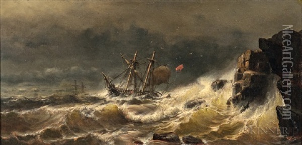 Ship In Peril In A Stormy Sea Oil Painting - Mauritz Frederick Hendrick de Haas