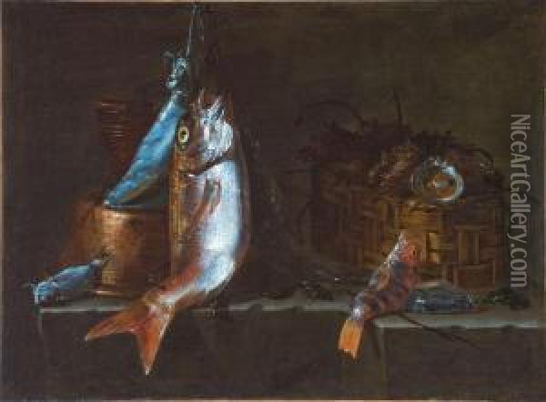 Un Calamaro, Una Spigola E Un Altro Pesce Presso Un Secchio Dirame Appoggiato Su Un Bacile Di Rame Capovolto Oil Painting - Giuseppe Recco