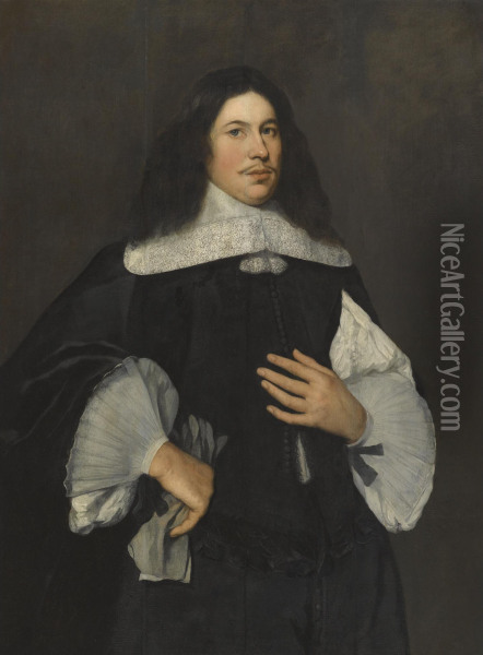 Portrait Of A Gentleman, Three-quarter Length, Holding A Pair Of Gloves In His Right Hand Oil Painting - Hendrick Berckman
