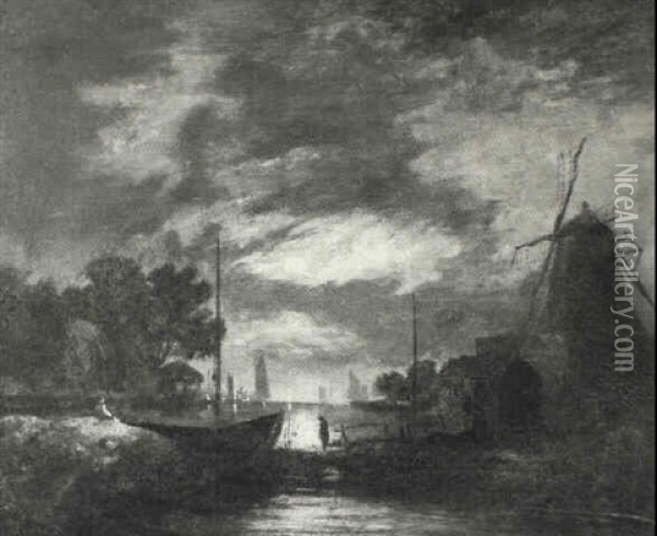 Moonlit River Scene With Figures, Boats And Windmill Oil Painting - John Berney Crome