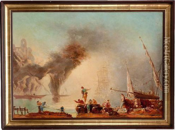 Fishermen And Sailors On A Beach Oil Painting - Claude-joseph Vernet
