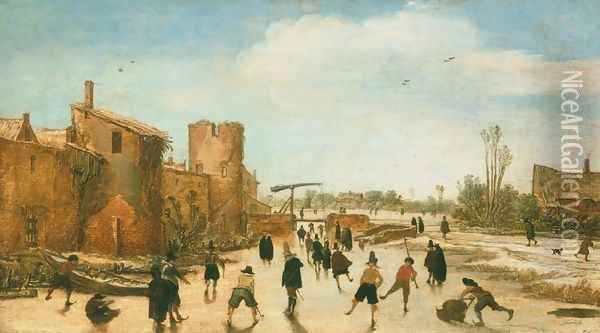 Winter Games on the Town Moat Oil Painting - Esaias Van De Velde