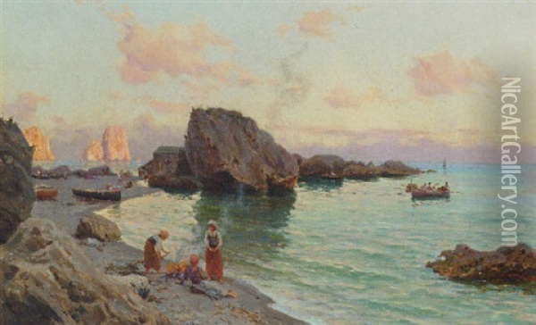 A Coastal Inlet With Figures On A Beach, Capri Oil Painting - Bernardo Hay