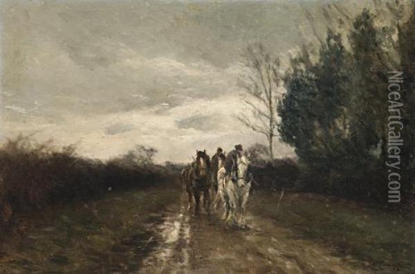 Horses In A Country Lane Oil Painting - George Leon Little
