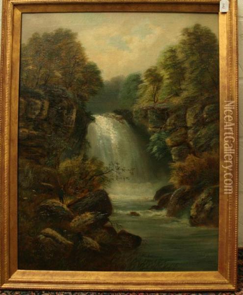 Figures Fishing Beside Waterfalls Oil Painting - Joseph W.Yarnold